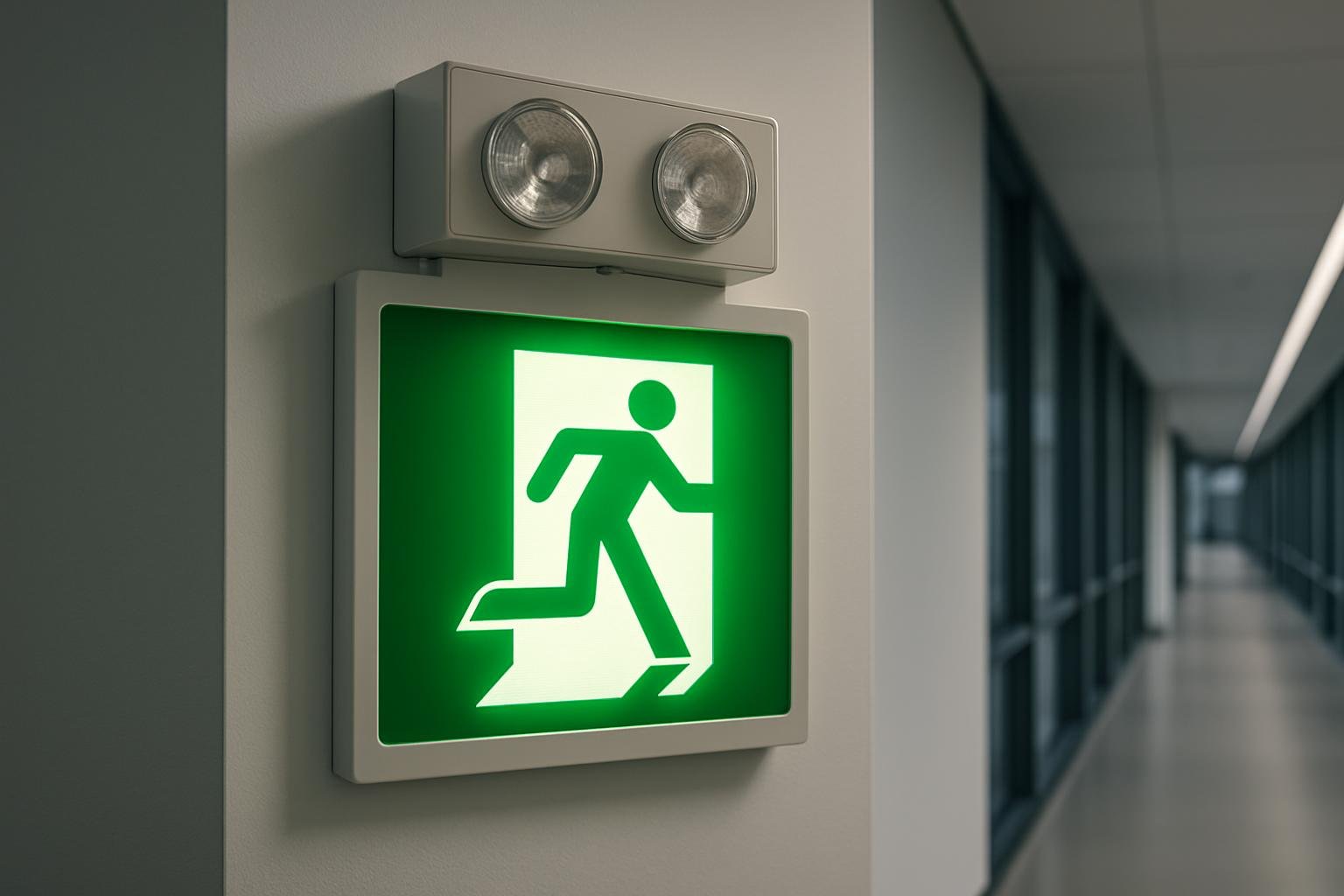 Illuminated green exit sign and emergency light