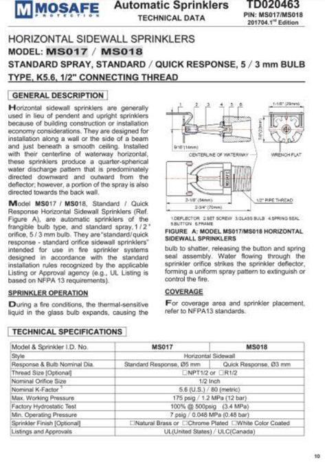 Automatic Sprinklers - Horizontal Sidewall (Standard / Quick Response)