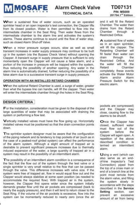 MOSAFE Alarm Check Valve MS009 - Operation & Design Criteria
