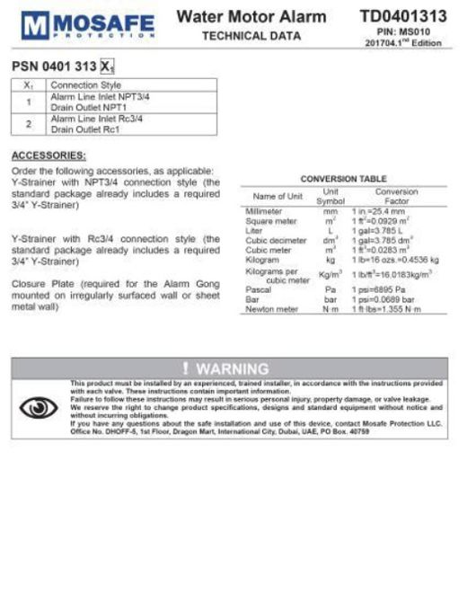 Water Motor Alarm (Accessories, PSN Selection & Conversion Table)